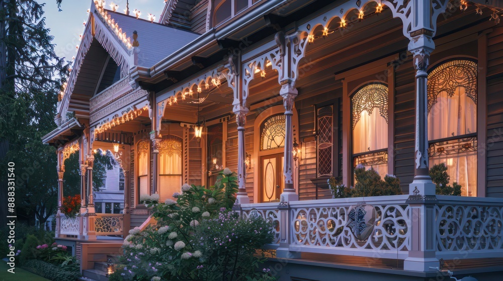 Twilight view of a suburban home with intricate gingerbread trim and soft porch lights casting a welcoming glow Twilight view of a suburban home with intricate gingerbread trim and soft porch lights casting a welcoming glow