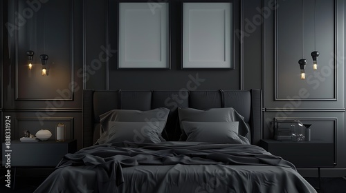 Beautiful Colored Mockup Bedroom Interior with Blank Poster Decoration Art Background Image generative AI