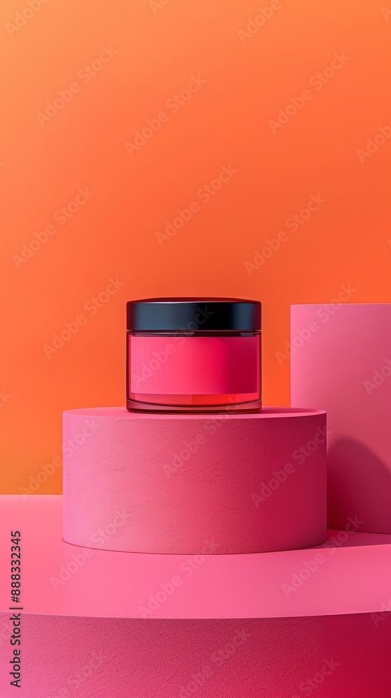 A jar of pink paint sits on a pink pedestal A jar of pink paint sits on a pink pedestal