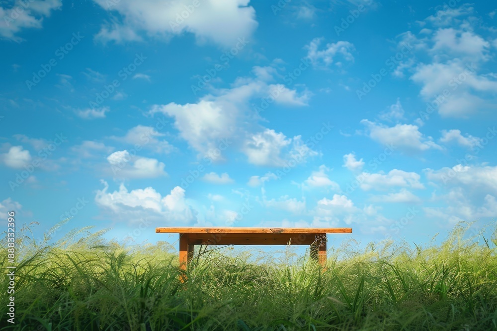 Fototapeta premium Grassy landscape under a blue sky with a wooden table
