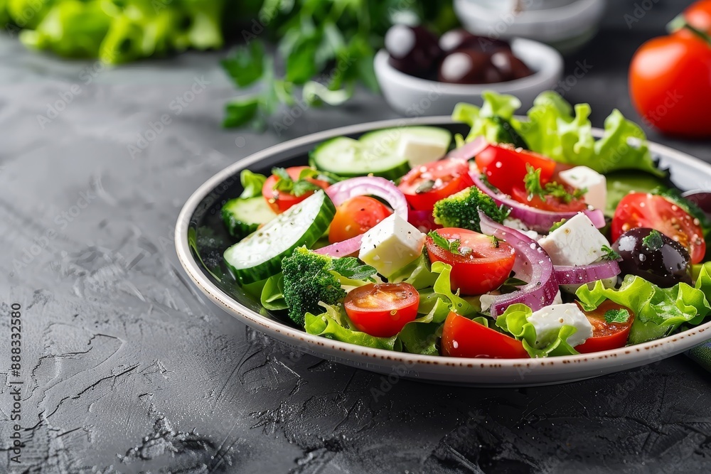 Greek salad on stone table Greek salad on stone table