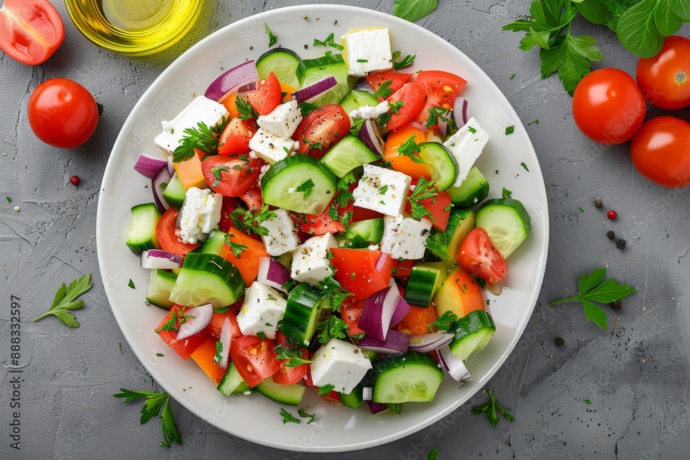 Greek salad with feta cheese seen from above Greek salad with feta cheese seen from above