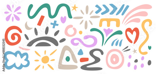 Hand drawn colorful abstract elements in modern trendy doodle style. Various shapes of different colors, organic forms, comic decorations isolated on white background. Colored flat vector illustration
