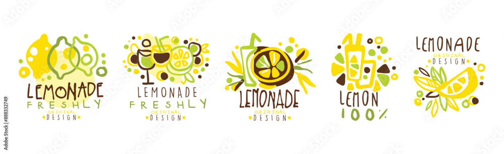 Fototapeta premium Squeezed Fresh Lemonade Yellow Badge Original Design Vector Set