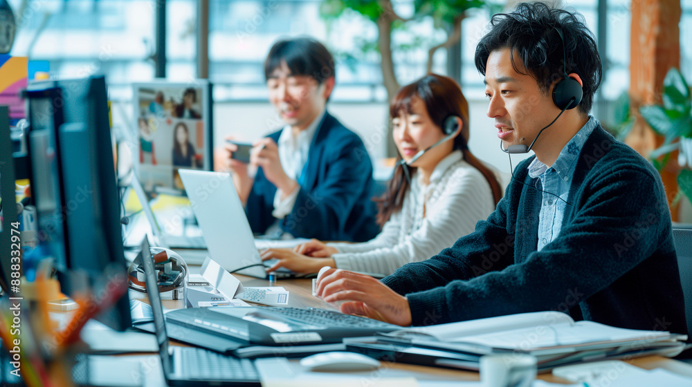 a group of Japanese translators and interpreters in a modern office ...