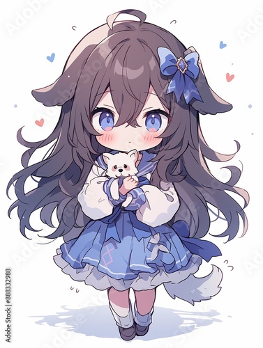 Illustration of cute adorable chibi anime feminine pastel girl with flowing hair on white background