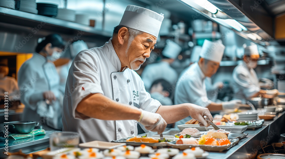 a Japanese chef and kitchen staff preparing traditional cuisine in a bustling restaurant kitchen, with fresh ingredients, cooking techniques, and team collaboration, Families in Ja a Japanese chef and kitchen staff preparing traditional cuisine in a bustling restaurant kitchen, with fresh ingredients, cooking techniques, and team collaboration, Families in Ja