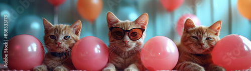 Three Kittens Pose With Balloons For Birthday Party