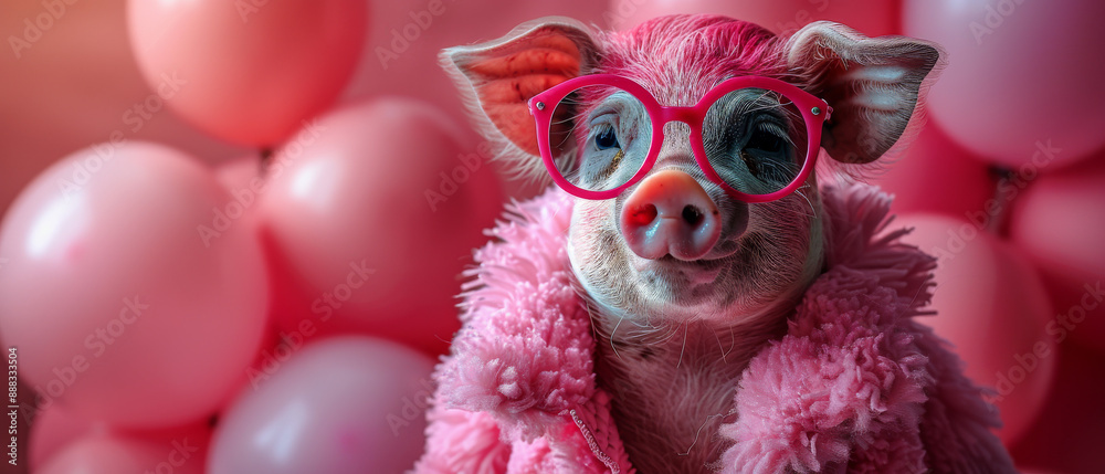 Pink Piglet Wearing Sunglasses in a Pink Fur Coat Surrounded by Balloons Pink Piglet Wearing Sunglasses in a Pink Fur Coat Surrounded by Balloons