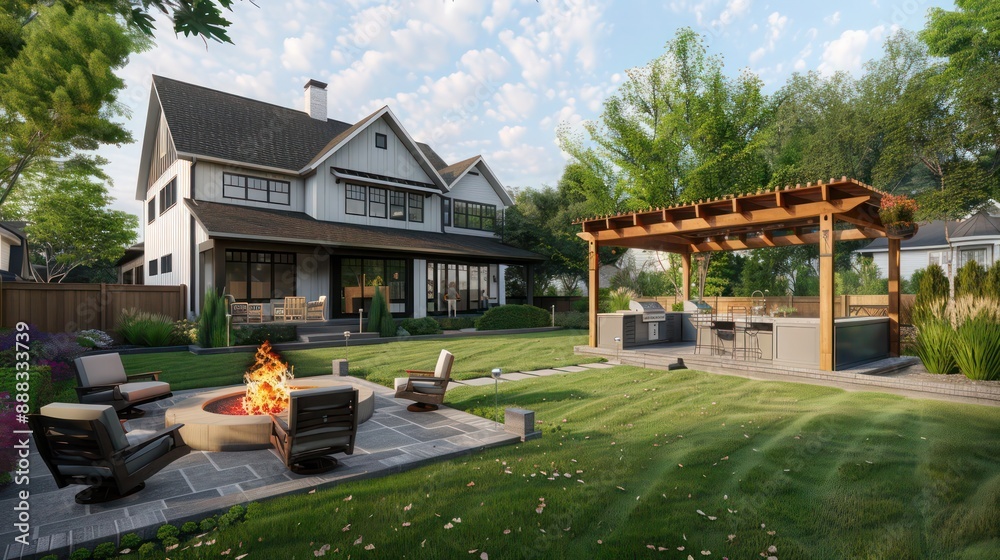 Obraz premium classic suburban farmhouse with a large backyard designed for entertaining, including a fire pit, outdoor kitchen, and a custom-built wooden gazebo