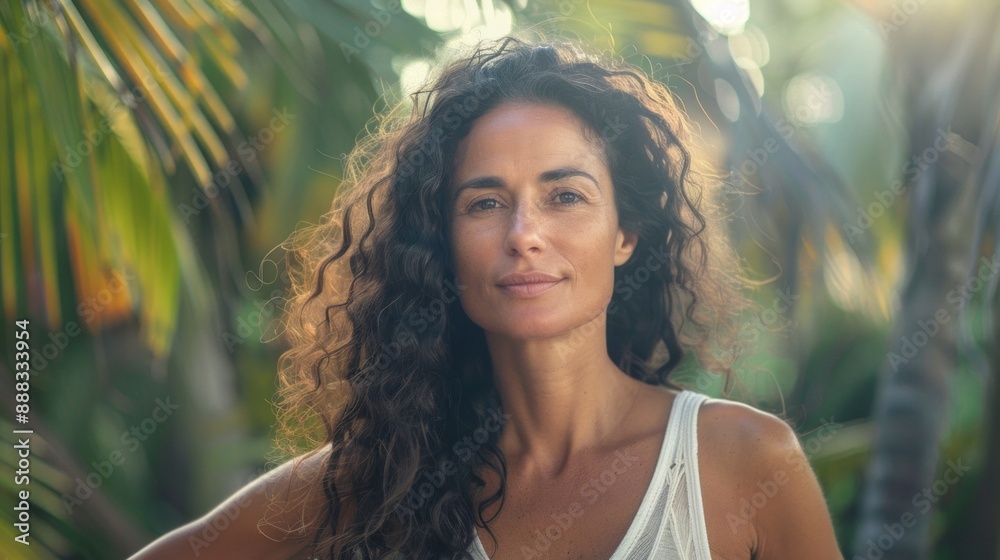 Fototapeta premium Portrait of beautiful young woman standing in sunlit forest.
