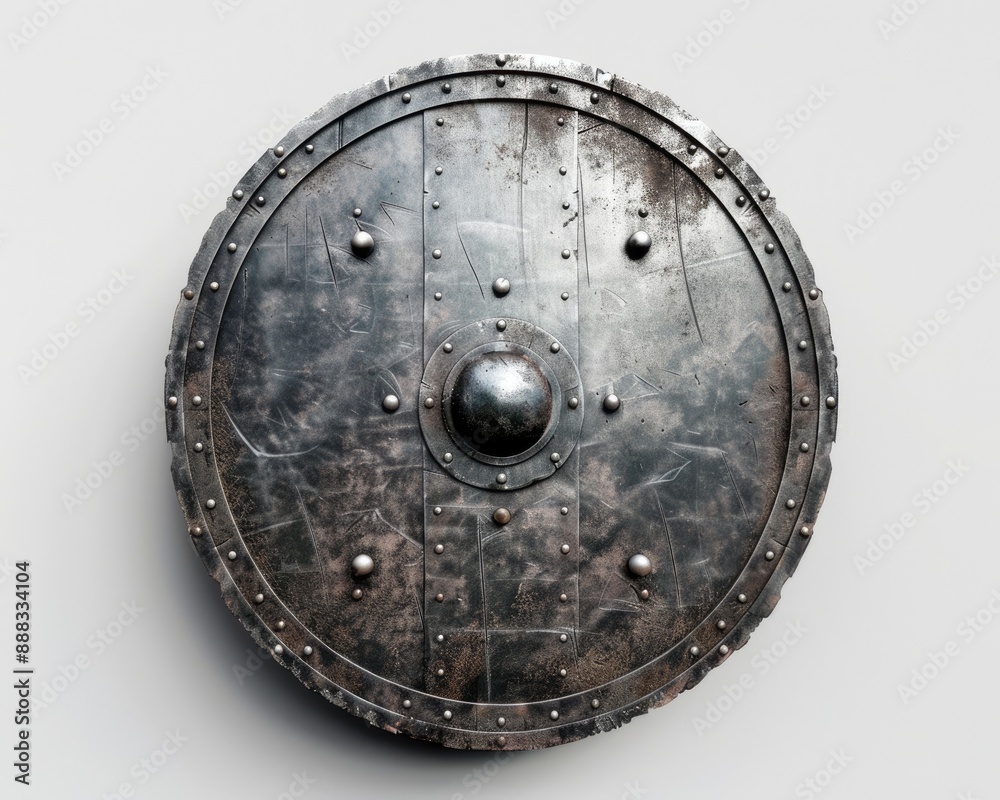 Naklejka premium Gladiator Shield. Mediaeval Viking Design of Round Steel Shield Isolated on White Background