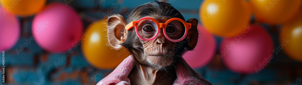 Young Monkey Wearing Pink Glasses Against a Wall of Balloons Young Monkey Wearing Pink Glasses Against a Wall of Balloons