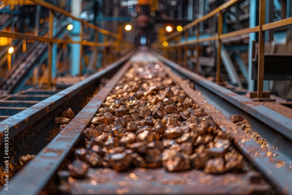 Copper ore rocks travel along a conveyor belt in a mining facility Copper ore rocks travel along a conveyor belt in a mining facility
