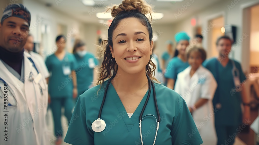 Smiling Nurse in Blue Uniform in Hospital Corridor Smiling Nurse in Blue Uniform in Hospital Corridor