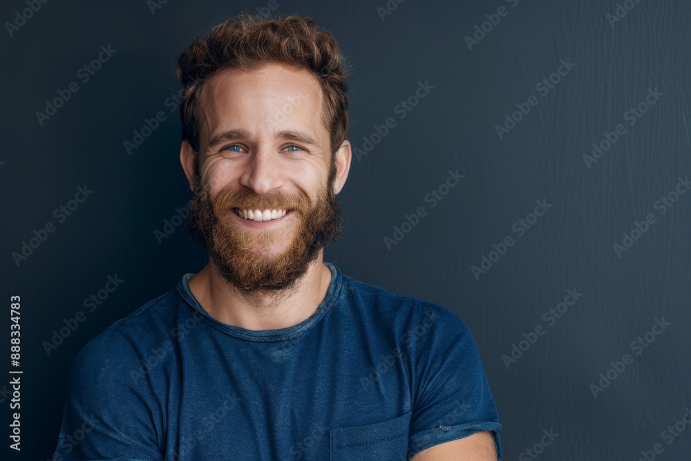 Happy bearded European male model in blue shirt smiling at the camera Positive emotions and reaction Happy bearded European male model in blue shirt smiling at the camera Positive emotions and reaction