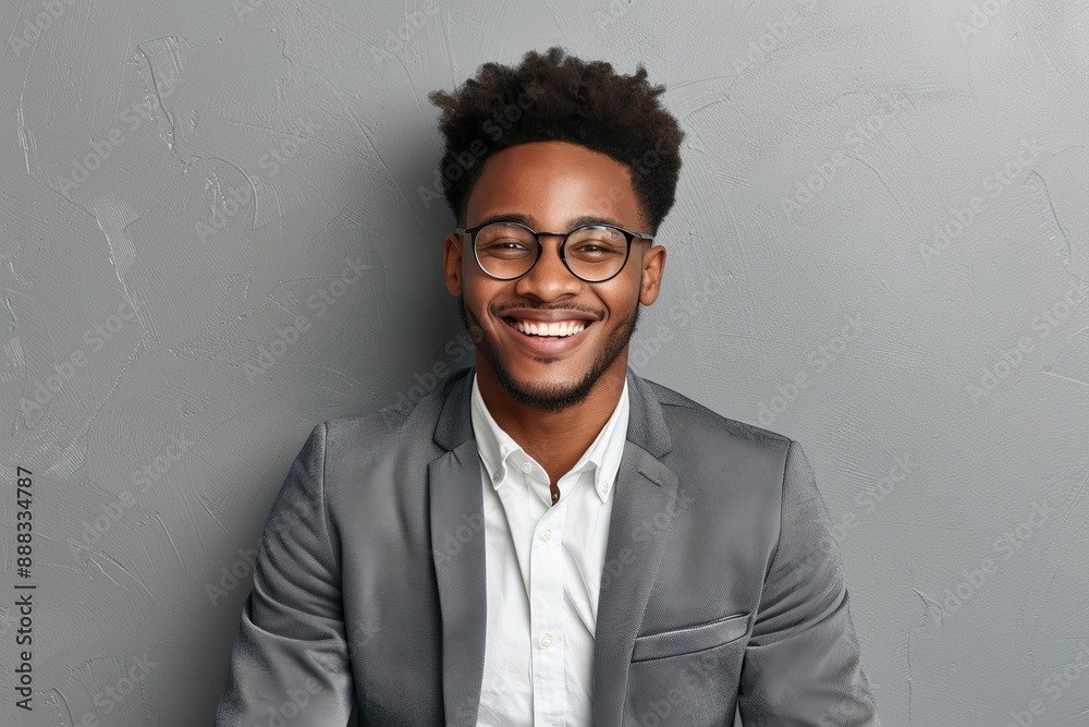 Fototapeta premium Happy black millennial businessman in glasses on grey background laughing and looking at camera