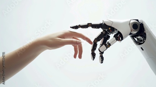 Hands of robot and human touching isolated on white. Machine learning, Technology meets humanity