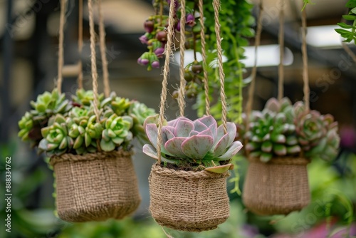 Hanging succulent garden in twine pots with senecio rowleyanus photo