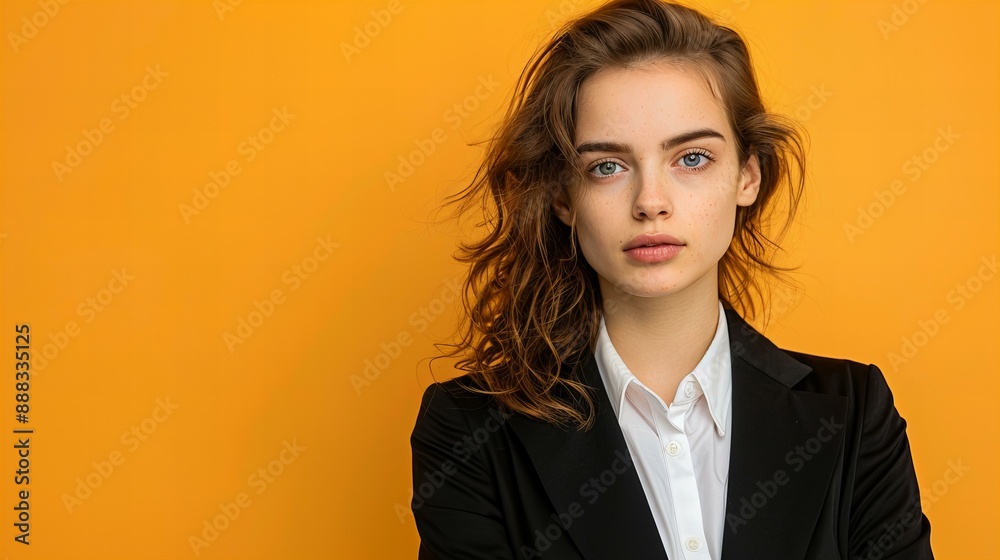 studio photo of an attractive, young businesswoman, model in black jacket a and white shirt isolated on yellow with copy space