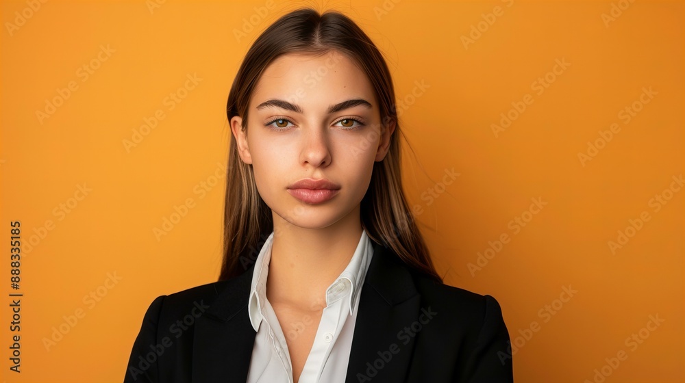 studio photo of an attractive, young businesswoman, model in black jacket a and white shirt isolated on yellow with copy space studio photo of an attractive, young businesswoman, model in black jacket a and white shirt isolated on yellow with copy space