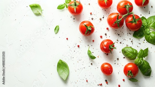 Tomatoes and basil on white background with space for text