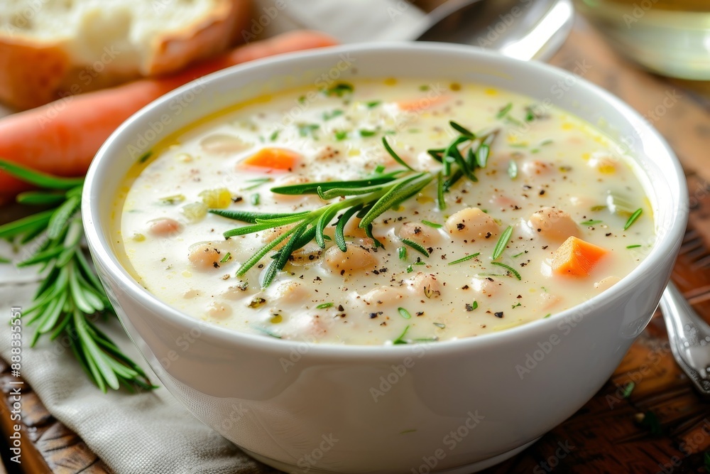 Healthy homemade vegan soup with white beans vegetables and rosemary in a white bowl Healthy homemade vegan soup with white beans vegetables and rosemary in a white bowl
