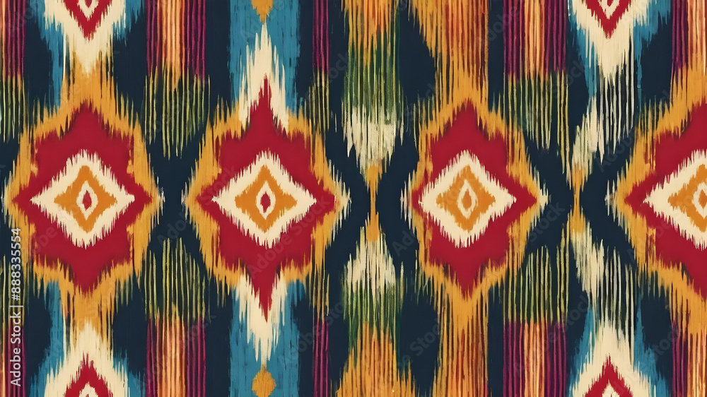 Ethnic Ikat tropical seamless pattern. Motif ethnic handmade beautiful Ikat art.Ikat ethnic tribal, boho colors seamless wallpaper. Abstract traditional folk antique graphic fabric line. Generative AI