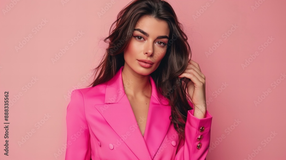dark haired model wearing pink suit, isolated studio photo, concept of beauty, fashion and makeup dark haired model wearing pink suit, isolated studio photo, concept of beauty, fashion and makeup