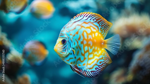 colorful discus fish in aquarium closeup photo