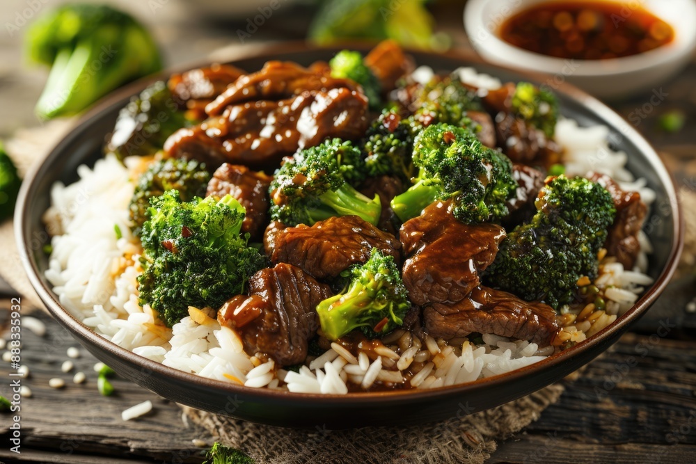 Beef Broccoli. Delicious Asian Beef with Broccoli and Rice Dish Beef Broccoli. Delicious Asian Beef with Broccoli and Rice Dish