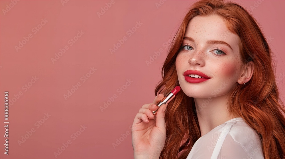 ginger haired woman applying lipstick, copy space isolated on pink ginger haired woman applying lipstick, copy space isolated on pink