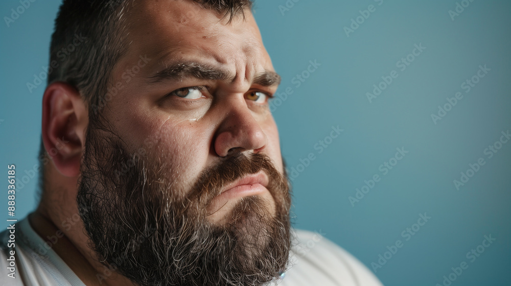 Obraz premium Close-up portrait of a heavyset man with a distressed expression, studio background.