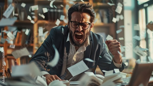 Furious Office Worker Slamming Desk in Dramatic Anger and Stress