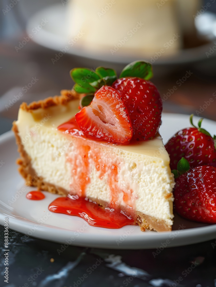 slice of classic New York cheesecake on a white plate slice of classic New York cheesecake on a white plate