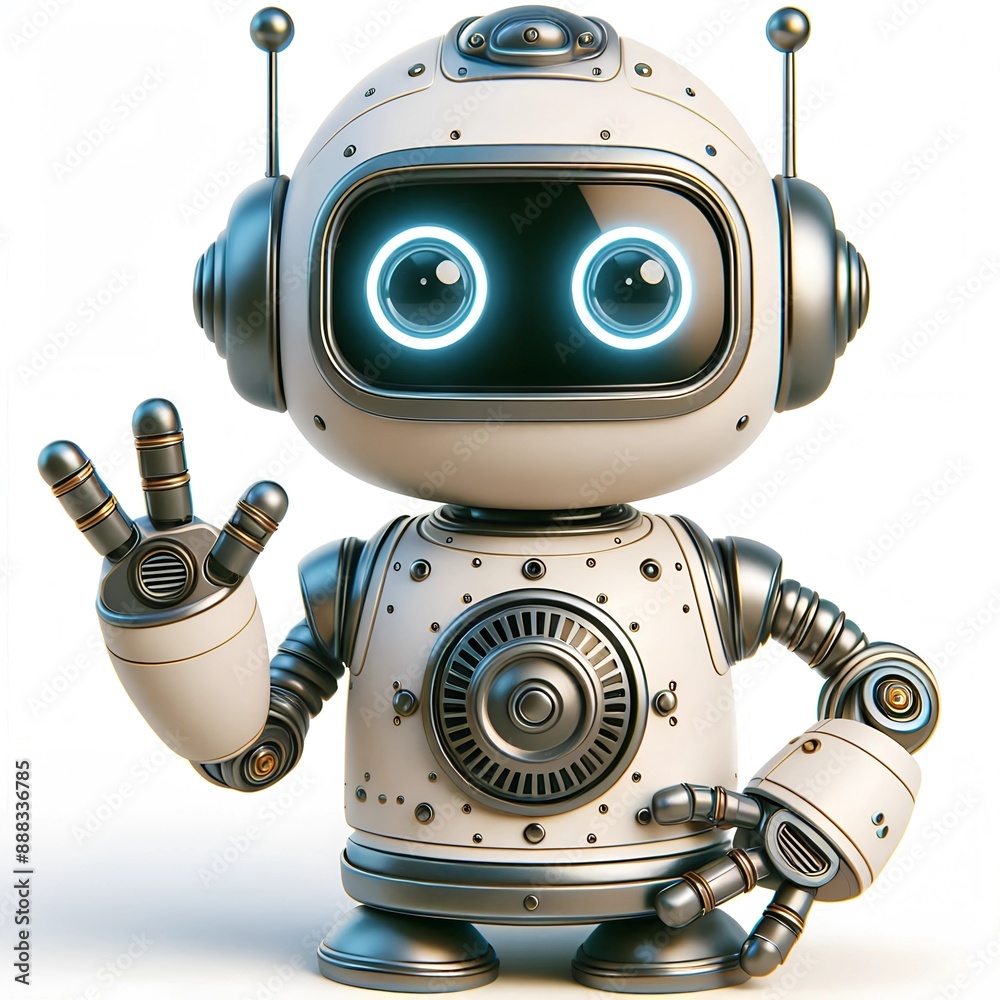 Adorable Futuristic Robot Mascot Waving Hand on Isolated White Background Adorable Futuristic Robot Mascot Waving Hand on Isolated White Background