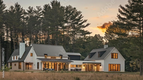 modern suburban farmhouse with a dynamic mix of traditional and contemporary elements, set against a backdrop of tall trees