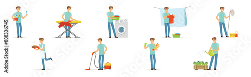 Man Character Doing Household and Domestic Chores Vector Set
