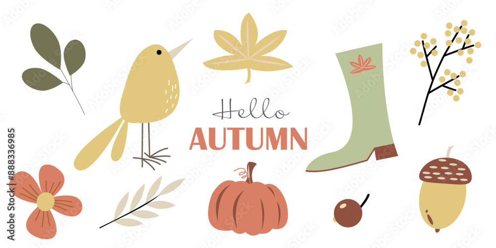 Vector autumn set of pumpkin, bird, berries, boots, nuts and leaves on white background. Hello autumn Vector autumn set of pumpkin, bird, berries, boots, nuts and leaves on white background. Hello autumn