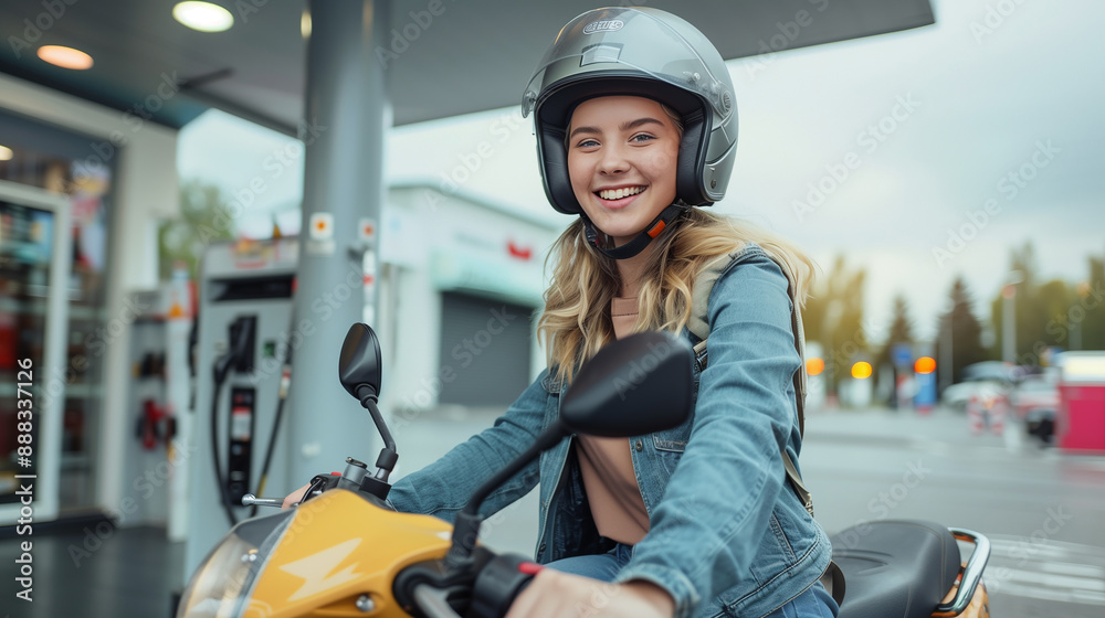 Happy woman refuelling her scooter at a gas station, wearing a helmet and smiling. Joyful moment of travel and freedom. Happy woman refuelling her scooter at a gas station, wearing a helmet and smiling. Joyful moment of travel and freedom.