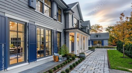 Modern suburban farmhouse with a monochrome gray palette, accented with vibrant blue shutters and a cobblestone walkway