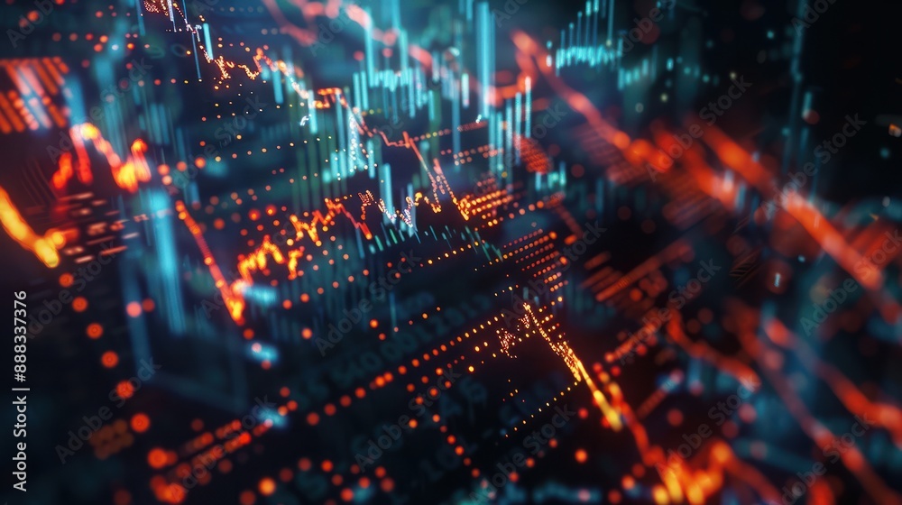 Fototapeta premium Glowing forex chart interface wallpaper. Concept of investment, trading, shares or analysis, finance. Growth and decline chart.