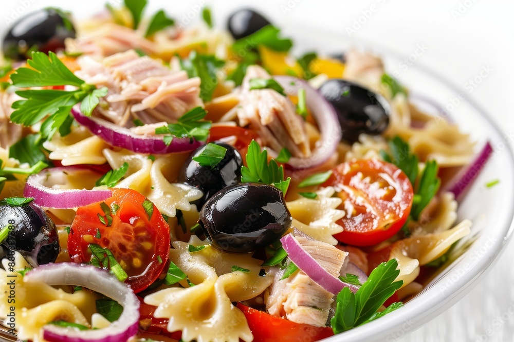 Homemade farfalle salad with tuna olives tomatoes onion parsley Healthy and delicious dish Symbolic photo on white background Close up shot Homemade farfalle salad with tuna olives tomatoes onion parsley Healthy and delicious dish Symbolic photo on white background Close up shot