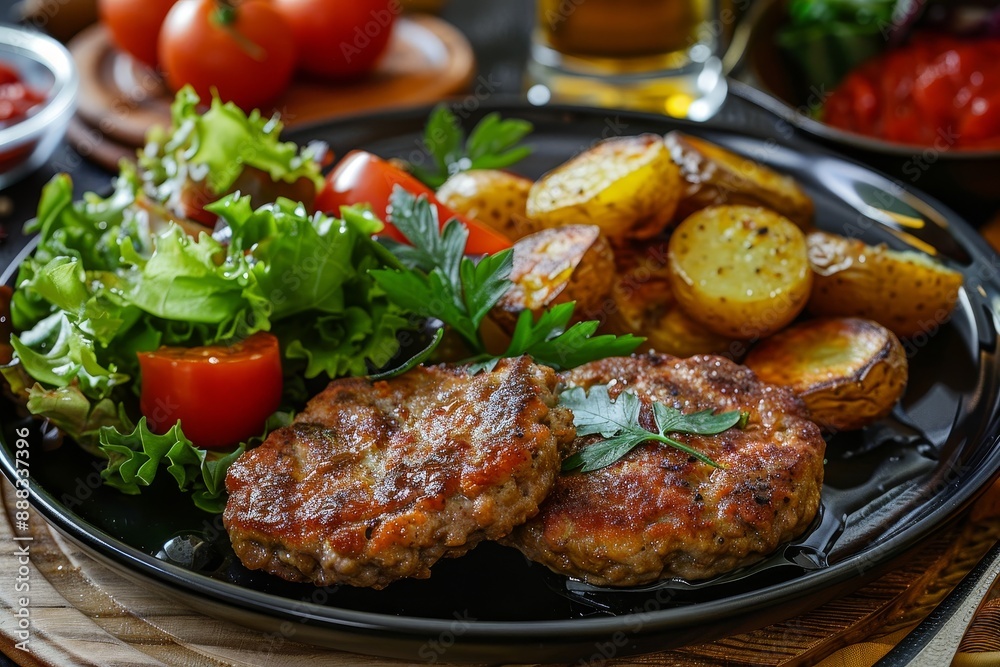 Homemade dinner featuring meat patties baked potatoes salad and a choice between beef cutlets or hamburgers Homemade dinner featuring meat patties baked potatoes salad and a choice between beef cutlets or hamburgers