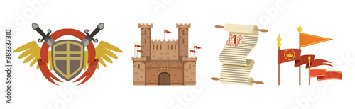 Medieval Object with Castle, Manuscript, Flag and Coat of Arms Vector Set