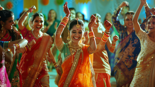 Indian wedding reception with joyous dancing and celebration. Women in colorful sarees and traditional jewelry enjoy the festive atmosphere