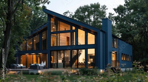 modern suburban farmhouse with a striking blue exterior and large windows, set against a backdrop of mature trees