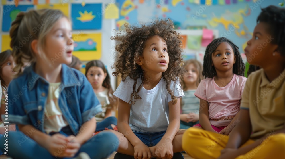 Fototapeta premium Group of small nursery school children sitting and listening to teacher on floor indoors in classroom, their eyes following her every move as she demonstrates a simple science experiment.