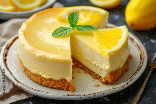 Homemade lemon cheesecake with fresh lemon curd and slices