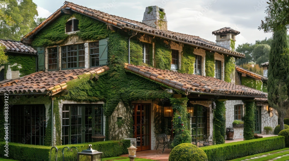 Elegant suburban farmhouse with an ivy-covered facade and a vintage tiled roof, complemented by antique outdoor lanterns Elegant suburban farmhouse with an ivy-covered facade and a vintage tiled roof, complemented by antique outdoor lanterns